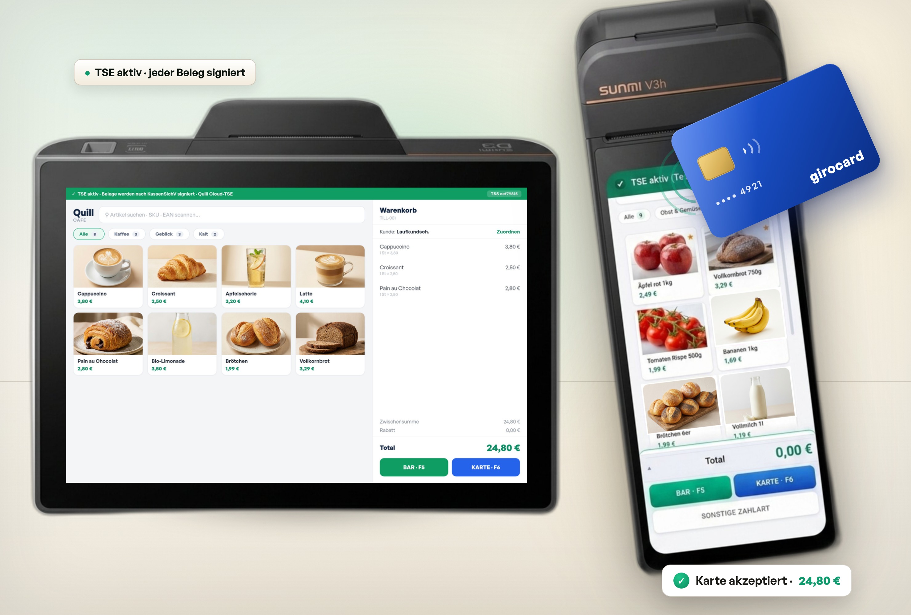 Quill auf Sunmi D3 Mini und V3h Mobile - echte Kassenoberfläche mit Warenkorb, BAR/KARTE-Bezahlung und kontaktloser girocard-Kartenzahlung, TSE aktiv