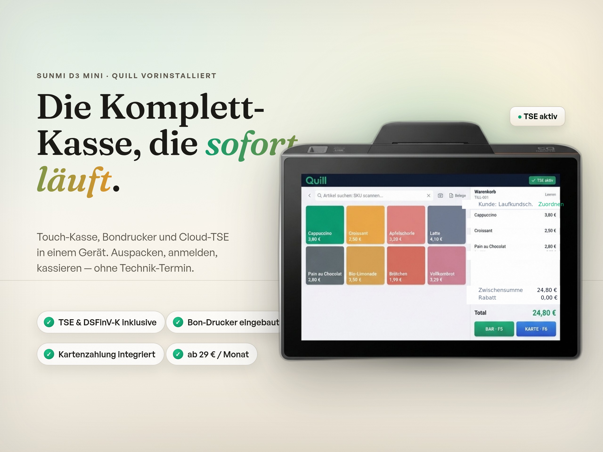 Sunmi D3 mini mit Quill - Komplett-Kasse für den Tresen
